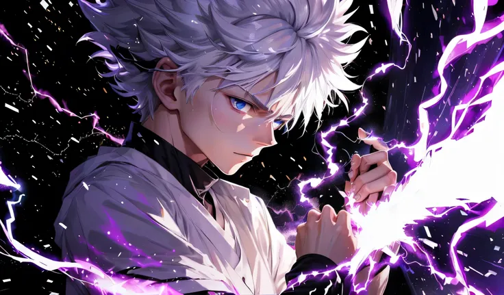 アニメ, a man with white hair and a white shirt holding a lightning bolt, Killua Zoldyck portrait, Killua Zoldyck, Killua Zoldyck black hair, nagito komaeda, melhor papel de parede de アニメ 4k konachan, 4k manga wallpaper, papel de parede de アニメ 4K, papel de pa...