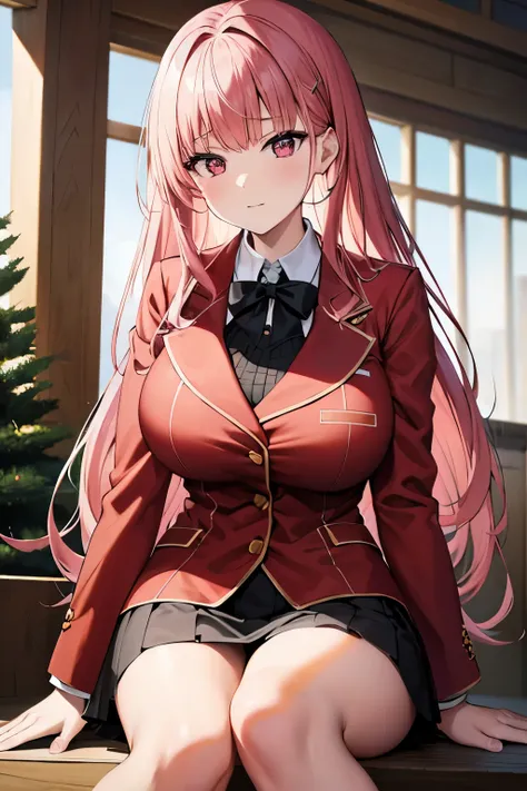 (masterpiece:1.2, Highest quality),(Anime Style),Visible from the knees to the head, girl,Blood red eyes,Tree Eyes,Cold,Very light pink hair,Bangs,Cropped bangs,Curly Hair,Perm,Black ribbon accessories, Quite large breasts, Black mini skirt,金色の縁取りのRed blaz...