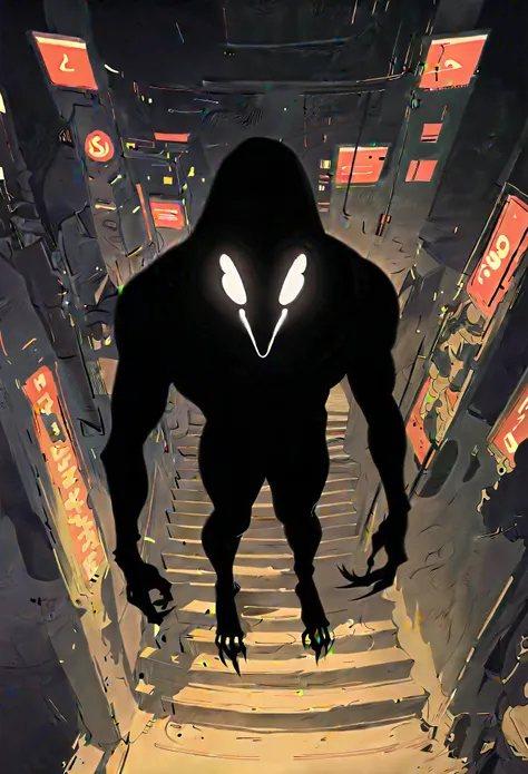 (score_9, score_8_up, score_7_up), zPDXL, 1 shadow, alone, looking at viewer, subway exit background, cyberpunk, abstract dark body, glowing white eyes, black face, black body, full body, his entire black body disembodied, going up the stairs, organic shad...