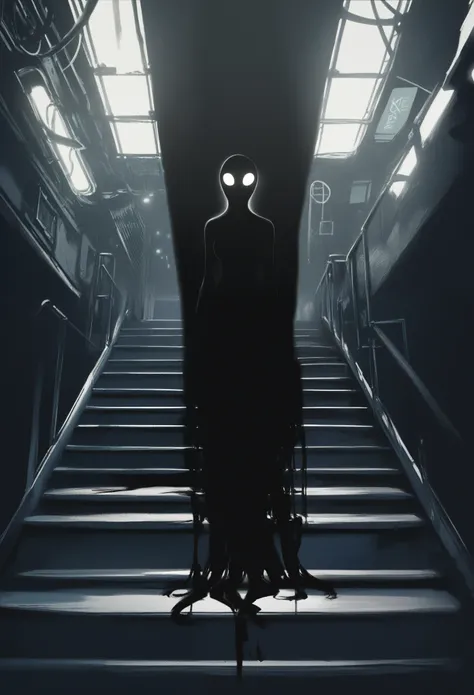 (score_9, score_8_up, score_7_up), zpdxl, 1 shadow, alone, looking at viewer, subway exit background, cyberpunk, abstract dark b...