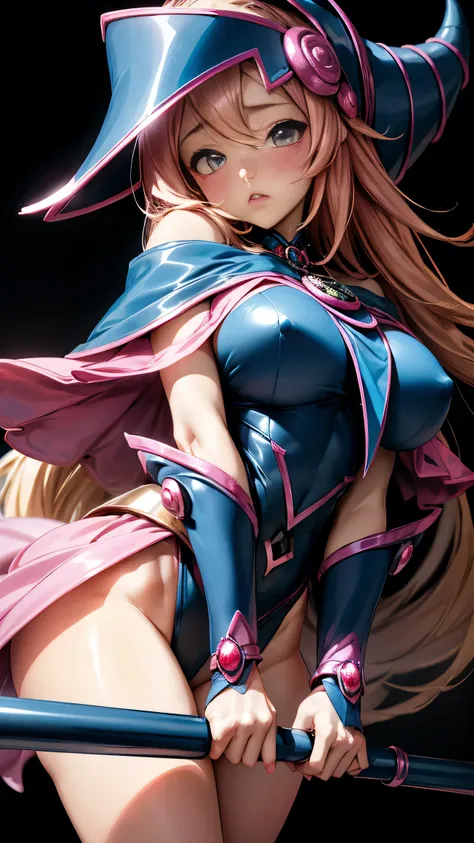 black magician girl、super chestousthick、by rubio、magic circle、8k, 4k, of the highest quality, High resolution: 1.2),flicker、an exposed breast、cute anime face、pink blush on the cheeks.、noise removal、Leotard that bites、have a cane、Hold your cane、