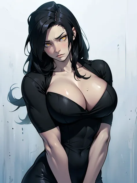 massive hair muscular girl big breasts pale skin black hair yellow eyes empty eyes sad sorrow mourn