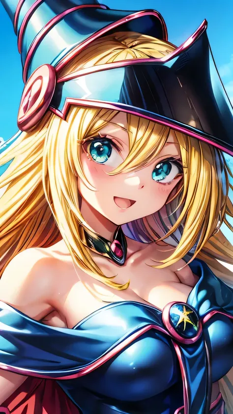 Very detailed、of the highest quality、Better image quality、masterpiece、8k、anime face、a kind smile、open the mouth、blonde hair color、black magician girl