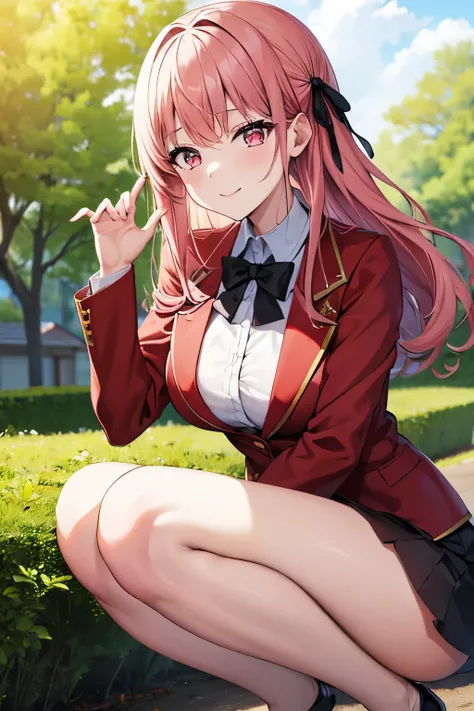 (masterpiece:1.2, Highest quality),(Anime Style),Visible from the knees to the head, girl,Blood red eyes,Tree Eyes,smile,Very light pink hair,bangs,刈り上げbangs,Curly Hair,Perm,Black ribbon accessories, Quite large breasts, Black mini skirt,金色の縁取りのRed blazer,...