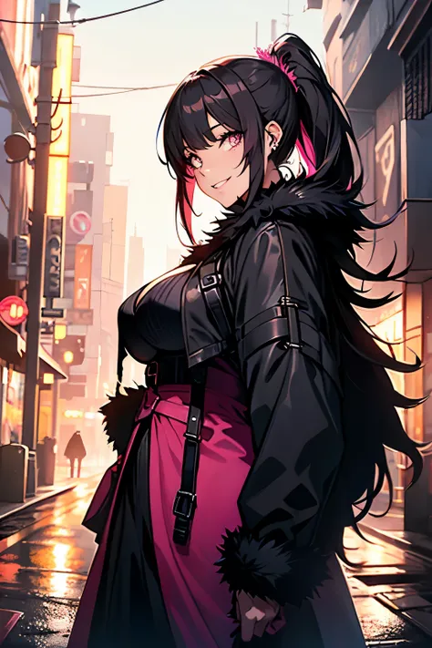 a beautiful gothic woman(plus size) with long black hair (haircut with bangs and ponytail), Latin eyes, smiling sweetly, wearing a stylish cyberpunk neon pink dress and a long fur jacket, Empty background of candlelit medieval street