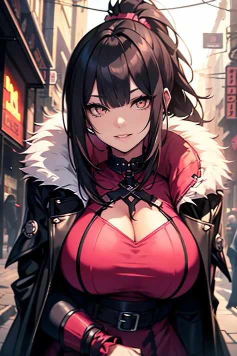 a beautiful gothic woman(plus size) with long black hair (haircut with bangs and ponytail), Latin eyes, smiling sweetly, wearing a stylish cyberpunk neon pink dress and a long fur jacket, Empty background of candlelit medieval street