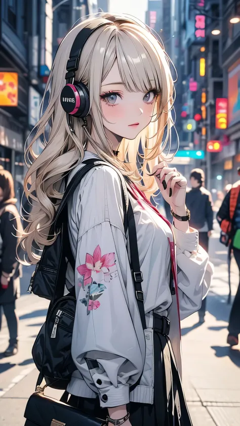 Anime girl with headphones and backpack looking at cell phone, Anime Style 4 k, (Very delicate and beautiful face), (Beautiful eyes in every detail), Digital anime art, Nightcore, Digital anime illustration, Anime Styled digital art, anime art wallpaper 4k...