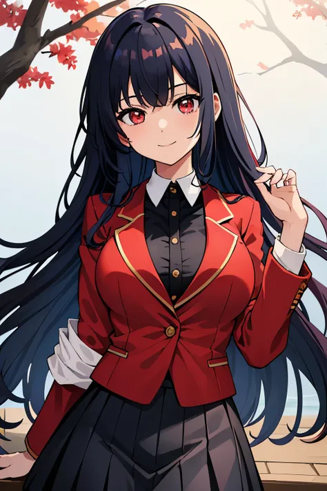 (masterpiece:1.2, Highest quality),(Anime Style),Visible from the knees to the head, girl,Blood red eyes,Tree Eyes,smile,Blue Hair,Bangs divided into left and right,Curly Hair,, Quite large breasts, Black mini skirt,金色の縁取りのRed blazer,(Red blazer)