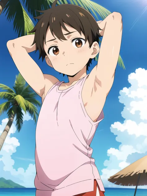 anime style,summer sky、into the cloud、1boy,little boy, hansome boy, cute face, adorable boy, beach, coconut tree, cheerful boy。t...