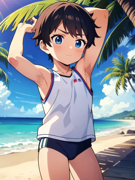 anime style,summer sky、into the cloud、1boy,little boy, hansome boy, cute face, adorable boy, beach, coconut tree, cheerful boy。t...