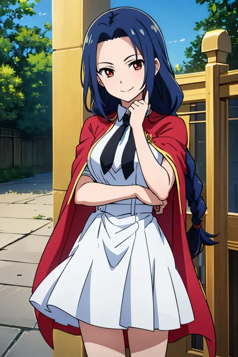 (masterpiece:1.2, Highest quality),(Anime Style),Visible from the knees to the head, girl,Blood red eyes,Tree Eyes,smile,(Sky blue hair),Bangs divided into left and right,Long Hair,Braids Half Up,Tie your hair back a little,amount,White Dress,Gold-trimmed ...