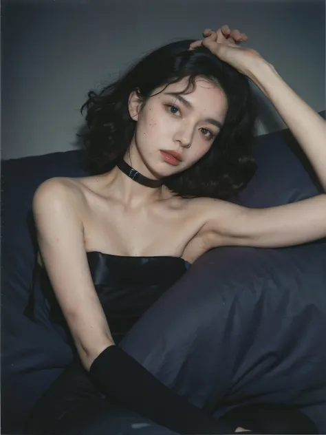 a 20 yo, (curly bob hair), wearing black strapless tanktop, show cleavage, dark theme, soothing tones, muted colors, high contrast, (natural skin texture, hyperrealism, soft light, sharp), retro poster as background, Dark Blue. ((Show big thigh, plump body...