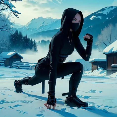 plump woman in black clothes crouching in the snow, ninja outfit, in the style of sifu 🔥 😎 🕹️ 👀 :2, epic ninja suit, ninja, fema...