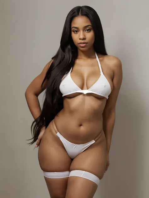 Mixed black ethnicity, curvy girl, long straight hair, wearing white strippers outfit