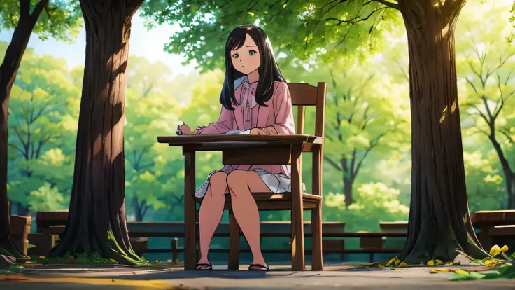 a young woman, around 20 years, with long dark hair, dressed in a pink blouse and a white skirt. In his hands he holds a book.scene: The protagonist is sitting in a park chair, holding a book in his hands. The camera shows the woman in a medium shot, captu...