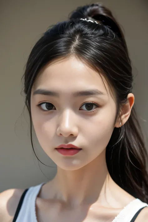 (Highest quality, masterpiece), (Beautiful 12 year old Japanese girl), Soft Light, Black Hair、hair slicked back, ponytail, Detailed eyes, Brown eyes, Perfect Makeup、Glossy Lips、Eyeliner、eye shadow、Close-up of face、