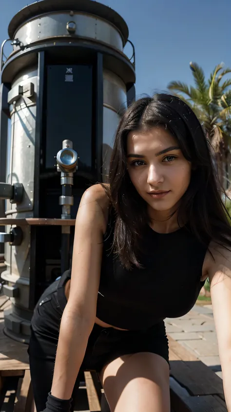 turkish woman, black medium hair, blue eyes, 20 years old, smirk, posing near a telescope, wearing