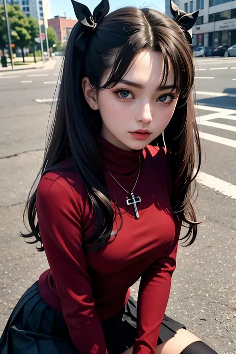 (masterpiece), best quality, expressive eyes, perfect face, 1girl, solo, rintohsaka, rin tohsaka, aqua eyes, black hair, hair ribbon, long hair, ribbon, sidelocks, two side up, black skirt, black thighhighs, long sleeves, miniskirt, pleated skirt, ((red sw...