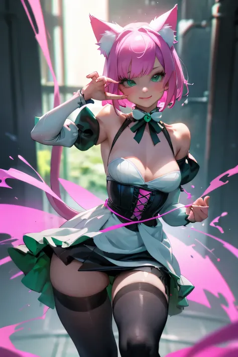 best quality,4k,highres),ultra detailed,realistic:1.37, Pink hair, short hair, deep emerald green colored eyes, small breasts,  body, short body, large magical collar, slave, cat girl, cat tail, servant, sexy, cute, shy look, tied up, in a dungeon, mischie...