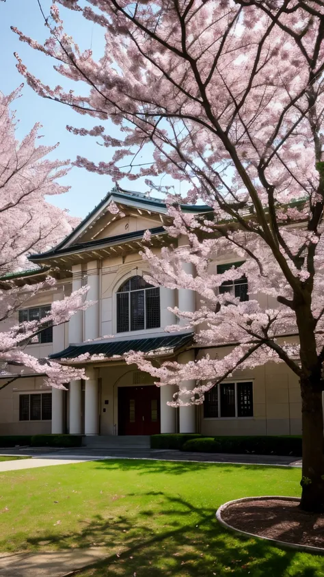 a beautiful high school surrounded by gently falling cherry blossom leaves, Masterpiece, Photorealistic, Best Quality, High Resolution, Best Texture, Color Accuracy, Depth of Field, Realistic Lighting and shadows, Dynamic Range, Cinematic Light, Ray Tracin...