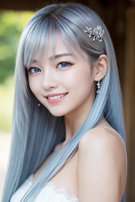 Beautiful Dragon Girl、White skin、blue eyes、Silver Hair、smile、