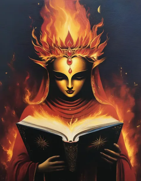 deity of fire reading a book, novuschroma64 style