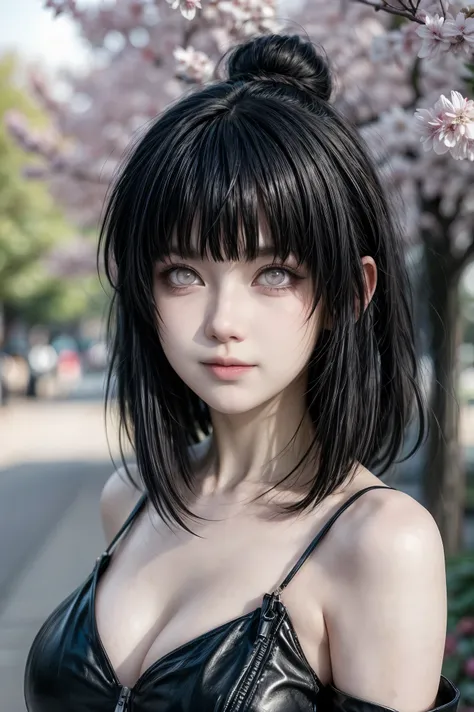 tmasterpiece， Best quality at best， 1girll， Hinata Hyuga ， Large breasts，Off-the-shoulder attire，（cleavage)，（upperbody closeup)，Raised sexy，is shy，ssmile，with black hair， long whitr hair， （Green eyeballs:1.4)， Forehead protection， the cherry trees，Cherry b...