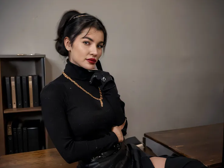 photo of a smiling office secretary bettie page at 35 years old ,(( red lipstick )) (( black ponytail hair)) ((Bettie has a black long maxi-skirt:1.2 and a black turtleneck sweater with a gold chain )), (( she is wearing his favorite black gloves )) (( bla...