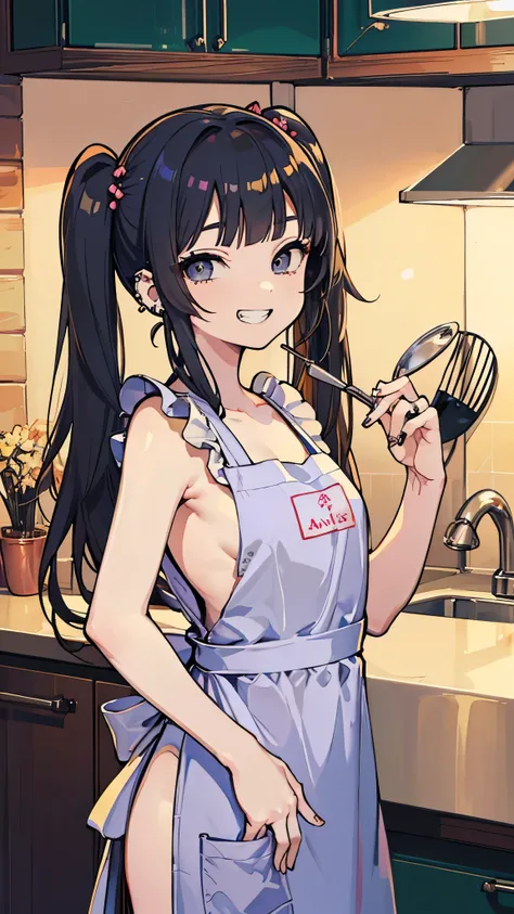 (masterpiece、Highest quality、Very detailed))、One girl、Black Hair、Long Hair、twintails、blunt bangs、Grey Eyes、evil smile、((Grin))、((lots of piercings))、((naked apron))、Cowboy Shot、Kitchen Background
