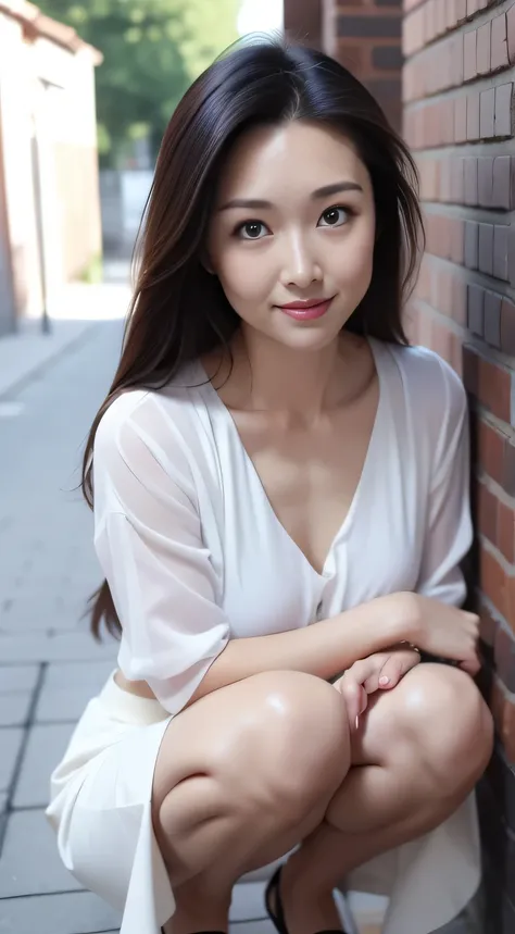 One Japanese woman、38 years old、Beautiful double eyelids、White skin, Perfect Makeup, Lip gloss、Small breasts, smile, Crouching in the alley, looking at me、, Photo from the top of the front(A loose, lightweight white blouse、Long Flared Skirt:1.4)、Strap Pin ...