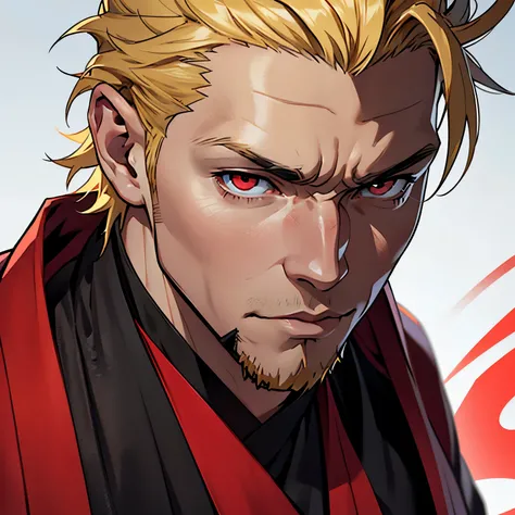 anime image of a middle-aged handsome man with blonde hair and red eyes, very short hair, blonde goatee, 1man, solo man, male anime character, head shot, close up shot, background, ninja clothing, traditional japanese clothing, dark clothing