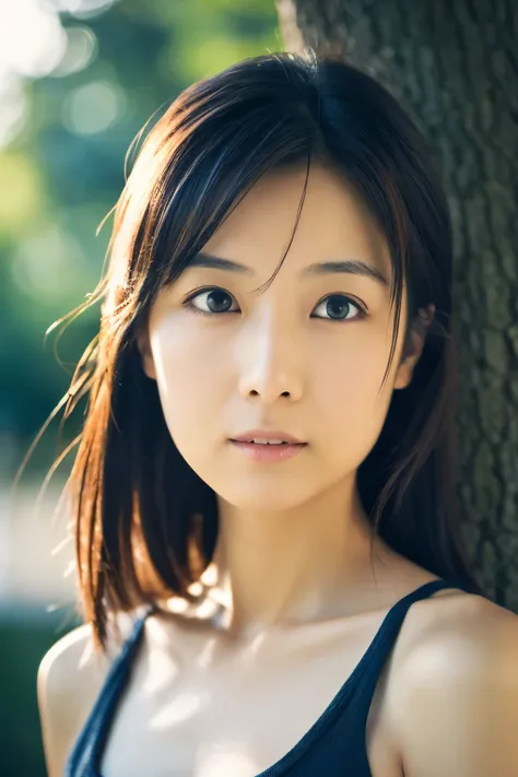 cinematic photo, Skinny Japanese woman, 30 years old, cute face, detailed face, detailed eyes, bare shoulders, tanktop, very thin waist, (face upward:0.7), looking at viewer, (sun light and tree shadow on the face), (masterpiece:1.2), (best quality:1.2), (...