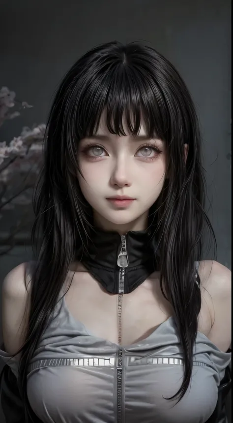 tmasterpiece， Best quality at best， 1girll， Hinata Hyuga ， Large breasts，Off-the-shoulder attire，（cleavage)，（upperbody closeup)，Raised sexy，is shy，ssmile，with black hair， long whitr hair， （Green eyeballs:1.4)， Forehead protection， the cherry trees，Cherry b...