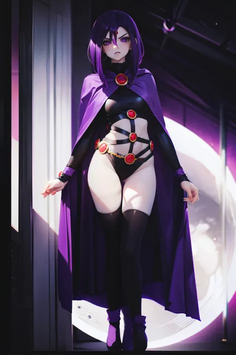 raven  ,1girl , cosplay , masterpiece  , purple color hair, jaqueta aberta open clothes ,medium  breasts ,  pantie  , long socks...