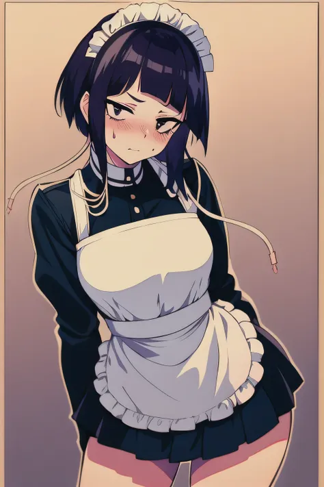 masterpiece, best quality, 1girl, upperbody, jirou, maid , that she is blushing and that the dress has a short skirt