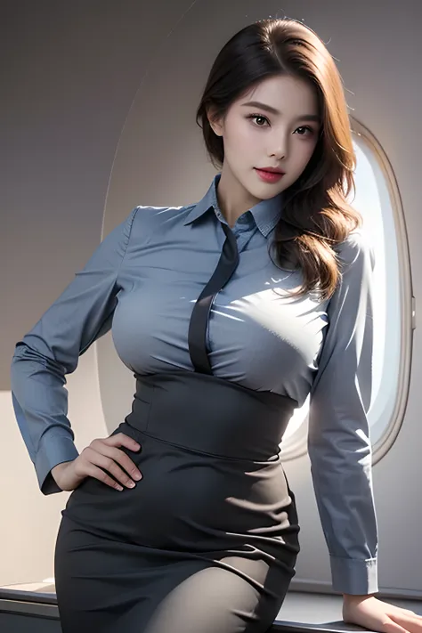 Top Quality, Masterpiece, 8K, Ultra High Definition, (Photorealistic: 1.4), 1 Girl, beautifull face, symmetry eyes, Big, huge breasts, waist, wider hip, curvy body, perfect body proportions, Stewardess uniform, The beholders gaze, (Inside the Airplane: 1....