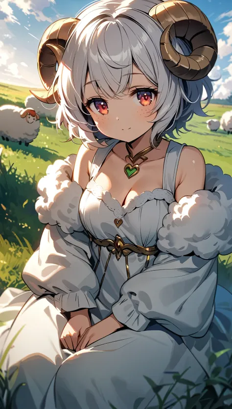 HDR,Dutch angle,all body,1 girl,cherubic sheep girl,white hair,medium breasts,curved sheep horns,soft fluffy white clothes,cleavage,bare shoulders,delicate freckles,detailed eyes,(expressionless),smile,jitome, BREAK sitting on meadow,she gazes off into the...