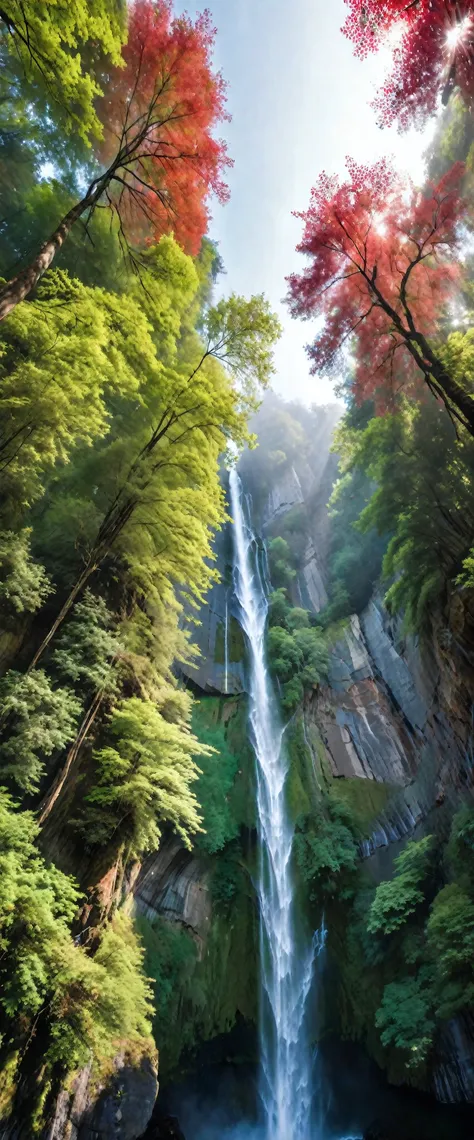 low-angle view of towering steep and towering waterfall in a cliff, wild forest, forest mists, asymmetric waterfall cliff canyon...