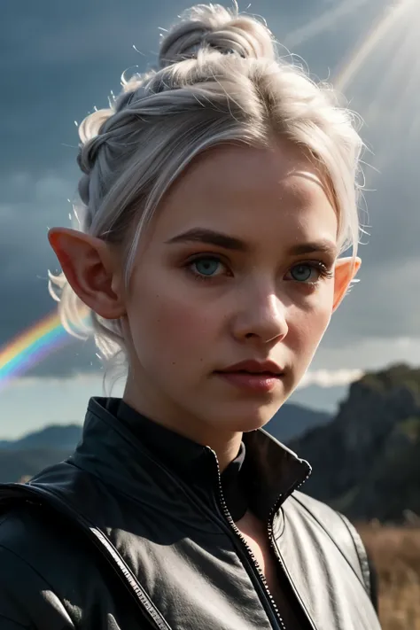 A female elf with glowing eyes, she has white hair in an updo and is wearing a dark jacket. She stands under the rainbow colored sky, her head slightly tilted upwards. A small halo shines above her forehead. The background features soft pastel colors, givi...