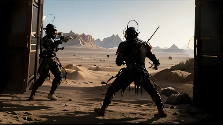 A swordsman in oriental clothes is prepared to fight his opponent. They are in a dramatic desert setting, which bathes the scene in dramatic tones. The scene must be in a desert. The figure on the right adopts an aggressive stance, daggers raised, ready to...