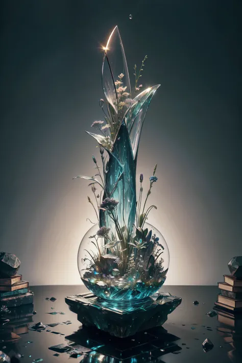 masterpiece of glass sculpture with plants, flowers and rocks inside, water, sheen, fancy, high qualiy, high détail, best qualityer, RTX, 4K, 8k,