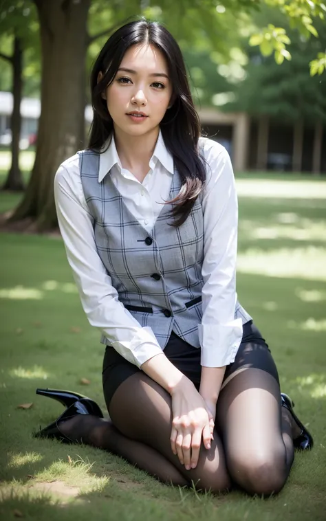 Ulchan-6500-v1.1, (RAW photo:1.2), (Photoreal), (genuine:1.4), １milf, perfect anatomy, 48 years old, plump body:0.5,  look at the viewer, medium long hair, Plaid vest, ((sit on the grass and open legs:1.0))、(super realistic pantyhose:1.2), (high heels), (b...