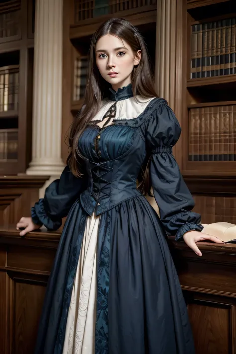 Medieval Victorian woman, 35 years old, aristocratic appearance and white skin, blue eyes and long brown hair, in informal attire in black and blue colors, located in a library