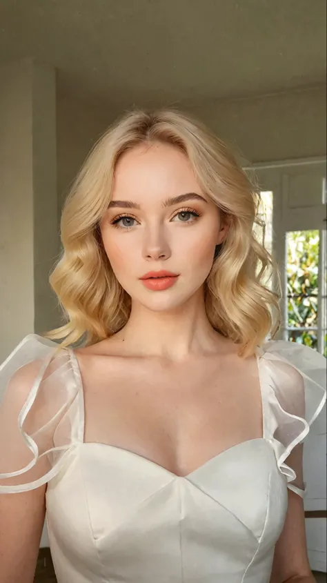 Arafed woman in a white dress posing for a photo., Pale skin cabello rubio rizado, A girl with blonde hair., Anastasia Ovchinnikova, Pale skin y brillante, beautiful delicate face, bright peach face, Pale skin suave natural, delicate pale pink lips, Pale s...