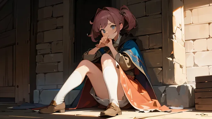 girl eating ham, sitting on the ground, disheveled hairstyle, medieval torn cloak