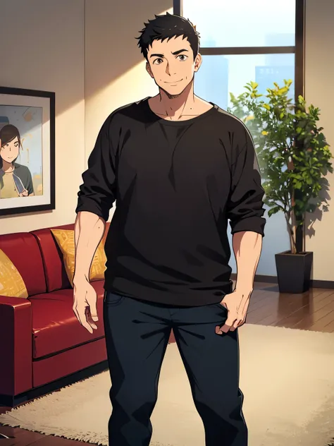 Adult male:1.9. Old Man:1.9. Wrinkles on the face:1.9 Black Hair Short Side Solo Summer Sunshine:1.3 Dazzling, strong light, sweat on forehead, smiling face, anime drawing with clear shadows, 58 years old, working adult, short black hair, tall, confident, ...