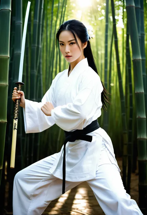 Create a depiction of a traditional female martial artist, dressed in white attire, with flowing black hair. Shes slight and has a fair complexion, standing poised in a tranquil bamboo forest, demonstrating an elegant martial arts stance.