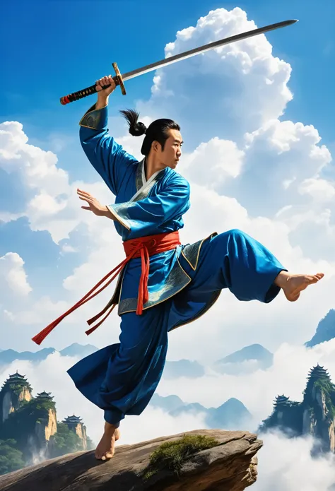 A depiction of an individual, possibly from an East Asian descent, engaged in the act of Sword Flight, a concept from classic martial arts literature where a warrior uses their swords mystical powers to fly or glide through the air. The figure should be mi...