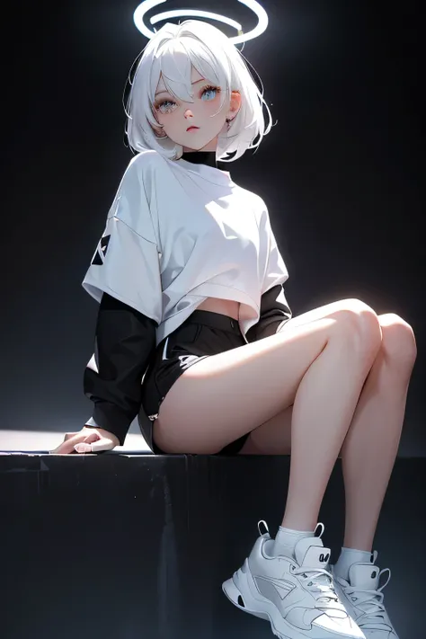 white and black sweatshirt, short shorts, sensuous, sexly, Lighting, Lumiere, ombre, black and white sneakers, neon halo