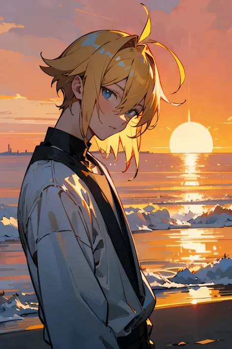 Blond hair anime guy looking towards the sunset with the sun in the background and above his head